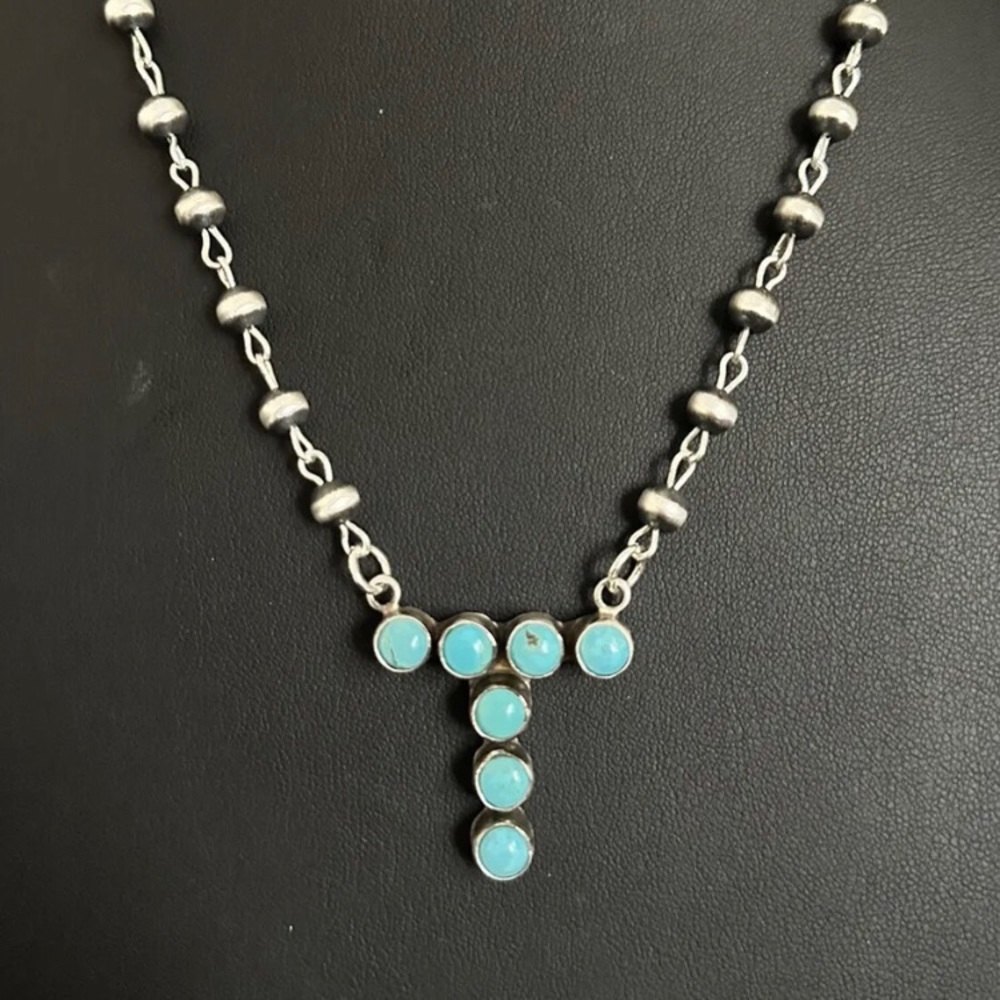 T Alphabet Navajo Sterling Silver Blue Turquoise Rosary Bead Necklace 22 inch KY